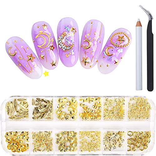3D Gold Metal Nail Studs- Gold Nail Art Decoration Star Moon Shaped with 1Pcs Nail Art Tweezers and 1Pcs Picker Pencil