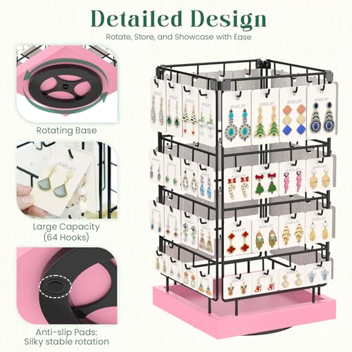 Image of EsLuker.ly Rotating Earring Display Holder Stand for Vendors Events Selling, Large Capacity 64 Hooks Jewelry Rack with Wooden Base for Earring Card Sales, Enhances Retail Display Visibility(Pink)