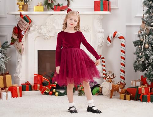 Kids Girls Fall Winter Long Sleeve Velvet Asymmetric Handkerchief Hem Tiered Tulle Tutu Dress Wedding Flower Girl Dress4