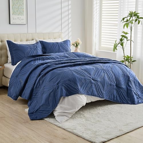 Image of Kingnex Oversized King Bedspreads 128x120 for Tall King or Cal King Bed Ultrasonic Quilted Coverlet Set 3 Piece Include 1 Extra Wide Quilt 2 Pillowcases Navy
