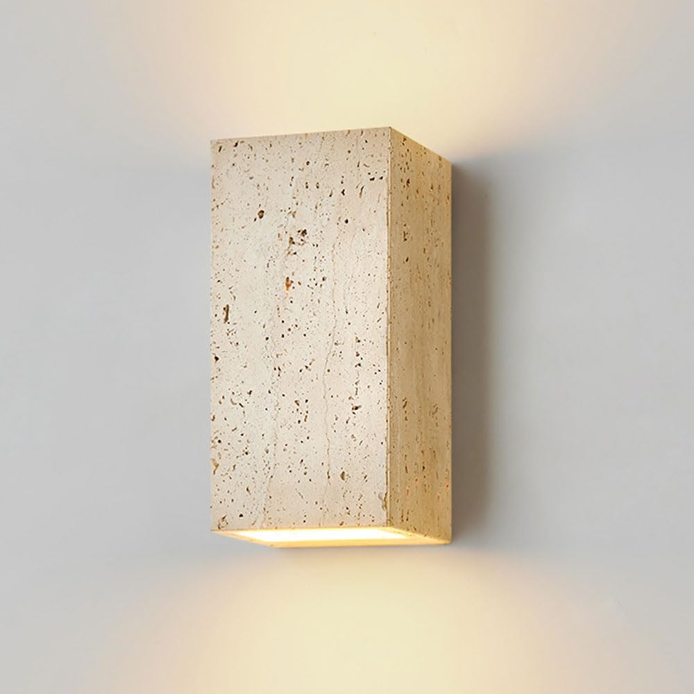 ZGDHWCR Wabi Sabi Style Natural Yellow Travertine Wall Lamp, LED Warm Light Rectangular Wall Sconce, 7in Stone Wall Light, Bedroom Entrance Hallway Decorative Lighting Fixtures