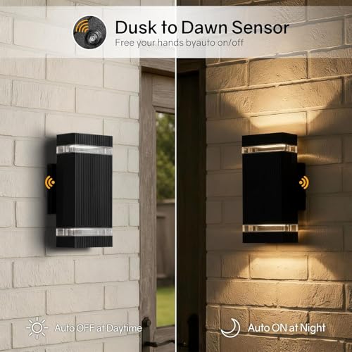 Image of Dusk to Dawn Outdoor Wall Light Modern Up Down LED Wall Sconce, Aluminum Waterproof Exterior Lighting Fixture Porch Lights for House Patio Sensor ETL