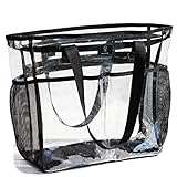 ESVAN Clear Tote bags Stadium Approved Security Travel Gym See Through Bags for Work Sports Concerts Travel Beach, Black, Large