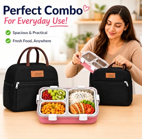 Image of Misamo Enterprise Lunch Box with Insulated Lunch Bag Combo, 3 Compartment Stainless Steel Lunch Box with Spoon & Fork, Leak Proof Food Container for School, Office & Travel (Black Bag+Pink Lunch Box)