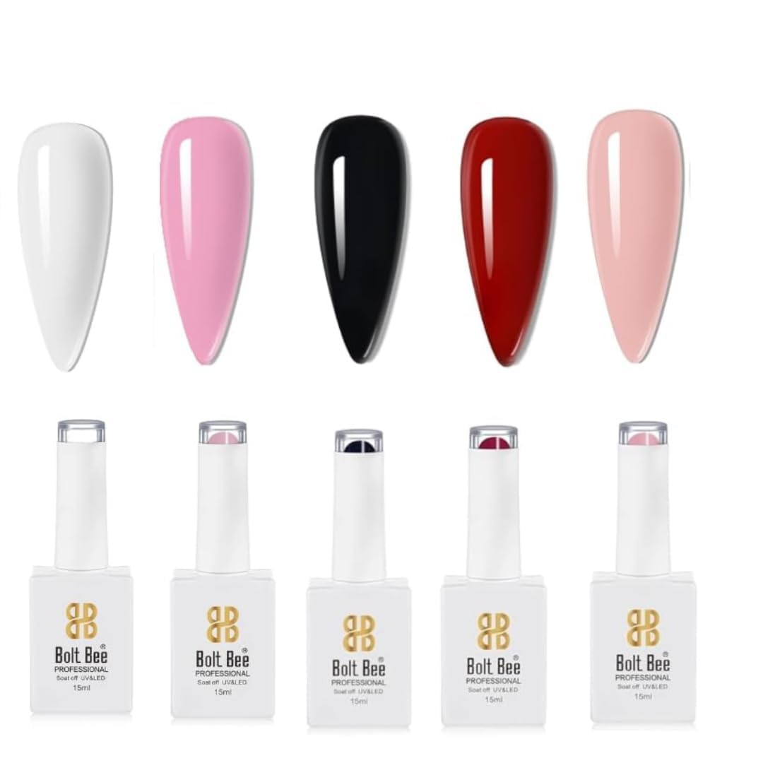 Bolt Bee Gel Nail Polish Set, 5 Colors Soak Off UV LED Gel Polish Kit, White Black Pink Red Nude Shades for DIY Home Manicure, Salon Nail Art, Long Lasting Glossy Finish-image-47