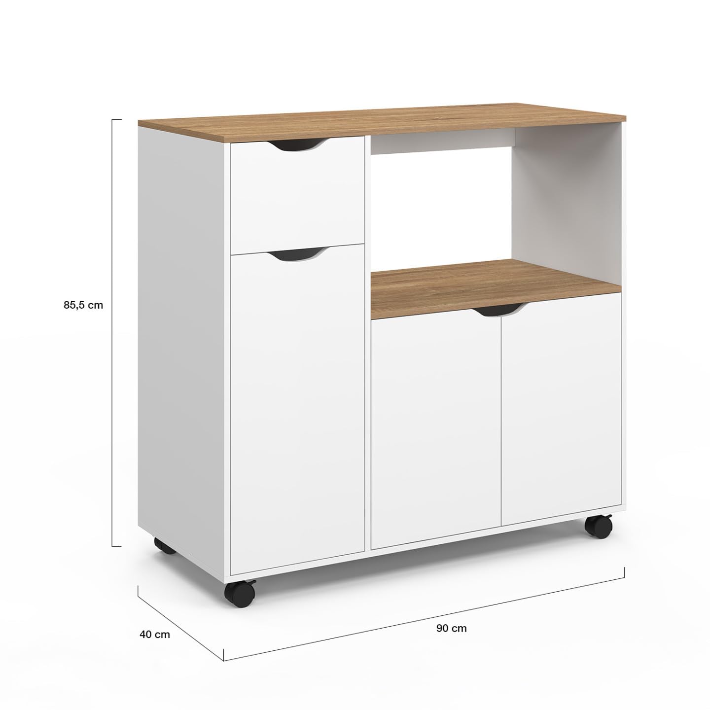 IDMarket - Credenza a microonde COSI XXL con cassetto in legno bianco e ripiani in faggio L.90 CM