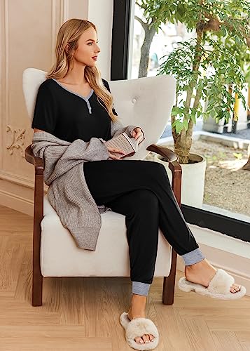 Image of Ekouaer Pajamas for Women Set 2 Piece Fall Lounge Sets Short Sleeve Pjs Joggers Long Pants Sleepwear with Pockets