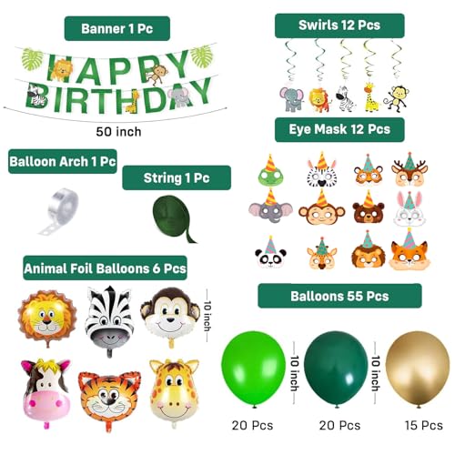Image of Party Propz Jungle Theme Happy Birthday Decoration Kit - 86 Pcs Animal Foil Balloons for Birthday, Animal Eye Mask, Swirls, Happy Birthday Banner, Birthday Decor for Boy and Girl (Cardstock)