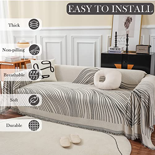 Handontime Mountain Striped Couch Cover Beige Grey Sofa Cover Geometric Modern Sofa Covers For 3 Cushion Couch Farmhouse Sectional Couch Covers For L-Shaped Chenille Furniture Protector, 71" X 118" #TOP1