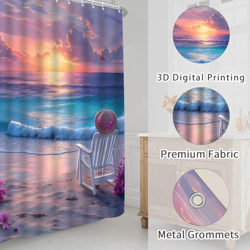 Ocean Beach Scenery Shower Curtain Blue Purple Sea Wave Sunset Tropical Floral Coastal Hawaii Seascape Nature Fabric Bathroom Curtain Set with Hook,70x70INCH by Generic - Used condition - Image 3