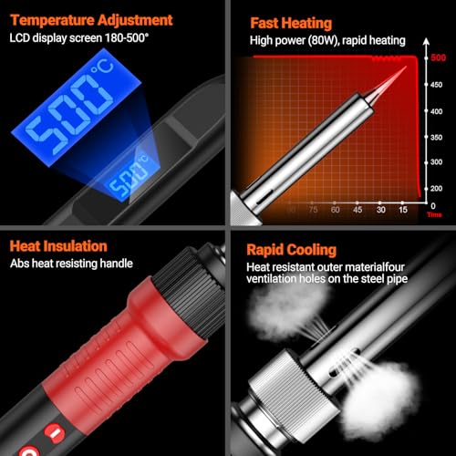 Preciva Soldeerboutset, 80 W, 220 V, soldeerset, instelbare temperatuur 220 °C ~ 500 °C, 5 stuks, soldeerpunt, draad 30 g, voor het solderen van kleine huishoudelijke apparaten, mobiele telefoons enz. - Afbeelding 5