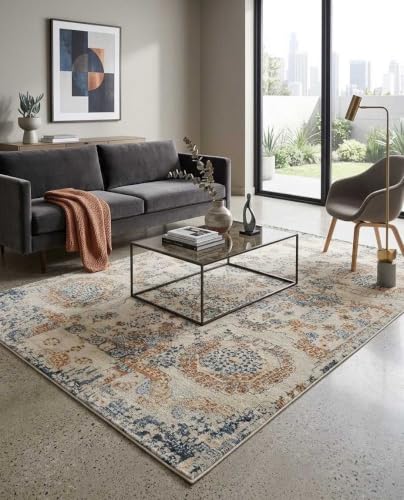 Image of 5x7 Feet (150x210 CM) Carpet for Living Room Hall & Bedroom - Ivory Multi Modern Abstract Geometric Silk-Touch Luxury Hotel-Style Washable Anti-Skid Turkish Area Rug