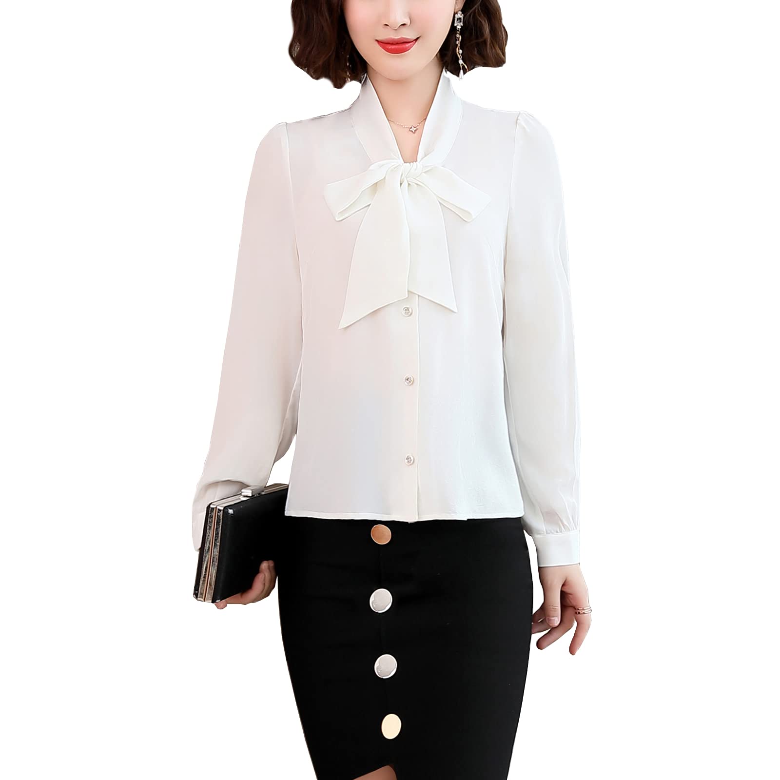 DISSA Chemise Soie Col Lavallière Manches Longues Boutonnée Top