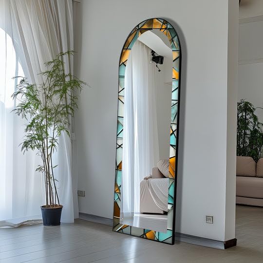 Vetro ambrato geometrico da 63,5 x 160 cm (larghezza x altezza), specchio da pavimento colorato ad arco a tutta lunghezza - Specchio da pavimento colorato con cornice nera con
