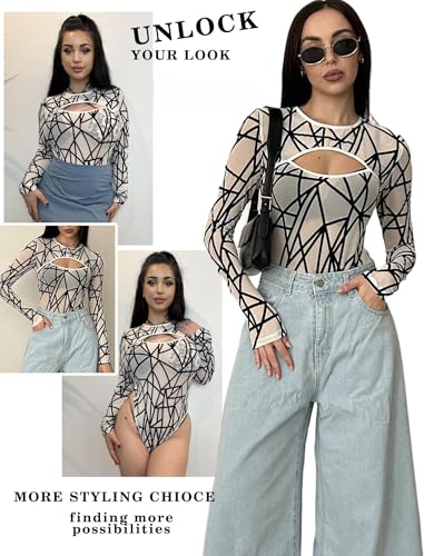 Image of GirlFriend Mesh Bodysuit for Women Long Sleeve Body Suit Sexy Tops Cut Out Leotard See Through Shirts Sheer Rave Outfits