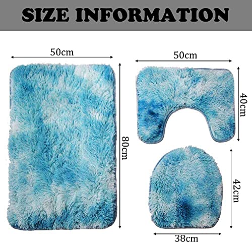 ARLTTH 3er Set Batik Badematten Set Aus Weichem Plüsch, rutschfest, Saugfähig, Badezimmerteppich, U-förmiger Konturteppich Und Toilettendeckelbezug, Waschbar (Hellblau) – Bild 7