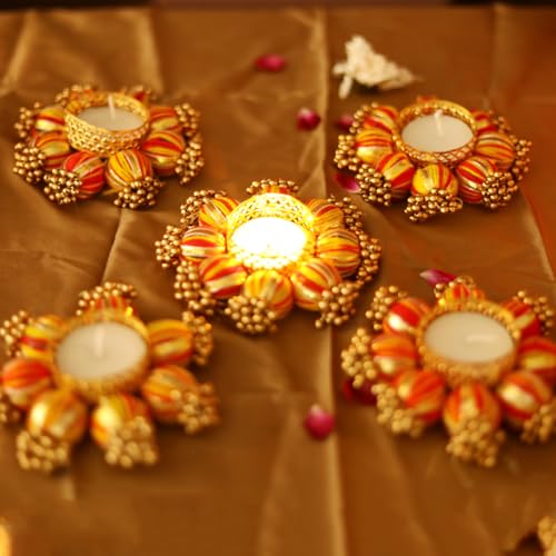 Image of Sehaz Artworks Festive Decor | Golden Diwali Diyas for Home Decorations | Diya with Tealight | Diwali Decoration for Home | Diya for Pooja | Pooja Decoration Items - Pack of 5
