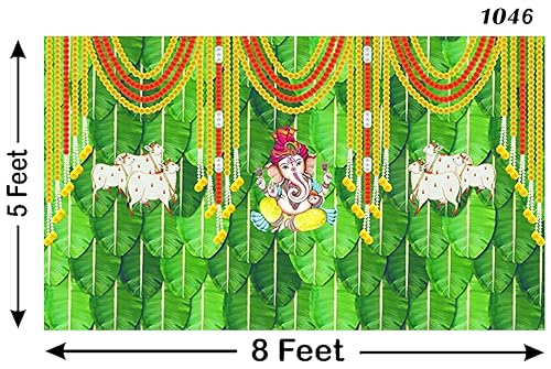 Image of Banana Leaf and Marigold Flower with Cow and Ganeshji Design Backdrop Curtain for Decoration Backdrop Cloth for Pooja Curtain Fabric-Polyester Size 5Feet Height and 8Feet Width(5 * 8)