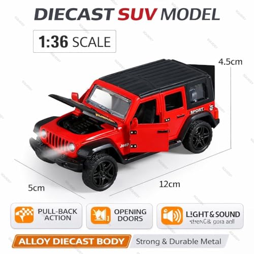 Image of 1:36 Scale Rubicon Car Model - Die-Cast Metal Pull Back SUV with Openable Doors, Lights & Music - Alloy Off-Road Toy Vehicle for Kids, Boys & Collectors (Red)