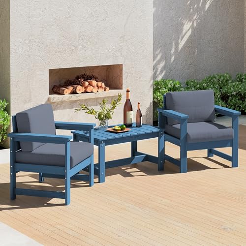 Image of SERWALL 3 Pieces HDPE Outdoor Sofa Bistro Set with Cushions, Outdoor Furniture Sofa Sets with Coffee Table and Cushions, All Weather Conversation Social Set, Blue Frame and Grey Cushion