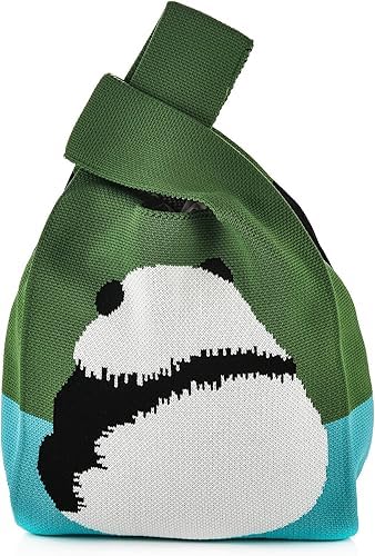 GOLD LEAF Cute Panda Themed Wrist Bag for Women – Casual Crochet Tote, Small Hobo Handbag, Wristlet Clutch Purse with Cartoon Pattern – Trendy Travel & Shopping Bag, Gift for Mom, Birthday