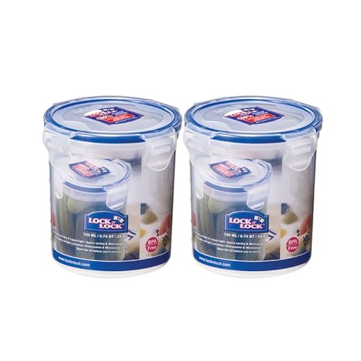 Classic Tall Round Plastic Airtight Food Storage Container with Leak Proof Lid, 700 ml, Transparent, Set of 2 (HPL932D x 2)