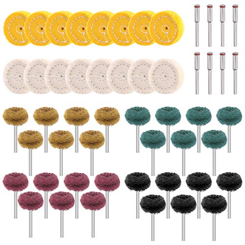 Rustark 1 Inch 56 Pcs Mini Buffing Polishing Wheel Kit Contains 32 Pcs Abrasive Polishing Wheels and 16 Pcs Muslin Buffs with 8 pcs 3mm Mandrel for Rotary Drill Tool Accessories Polish Buffer