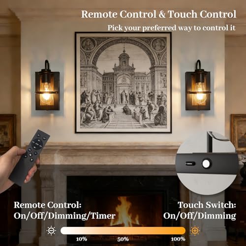 Image of Battery Operated Wall Sconce Set of 2, Wireless Wall Lights with Remote Control, Dimmable 3 Color Temperatures, Rechargeable Wall Sconce with Vintage Faux-Wood Finish for Bedroom Living Room