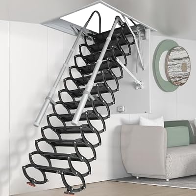 12 Steps Ceiling Mounted Attic Ladder, Retractable Pull Down System Attic Stairs, Telescopic Loft Stairs with Pull Rod, Ceiling Folding Loft Ladder with Handrail for Basement (Black, Steps 12)