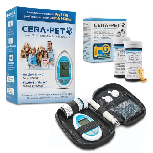 Cera-Pet Blutzuckermessgerät für Tiere I Geeignet für Hunde und Katzen I Vorteilspack: Zusätzlich 50 Blutzuckerteststreifen und 50 Lanzetten im Sparpaket