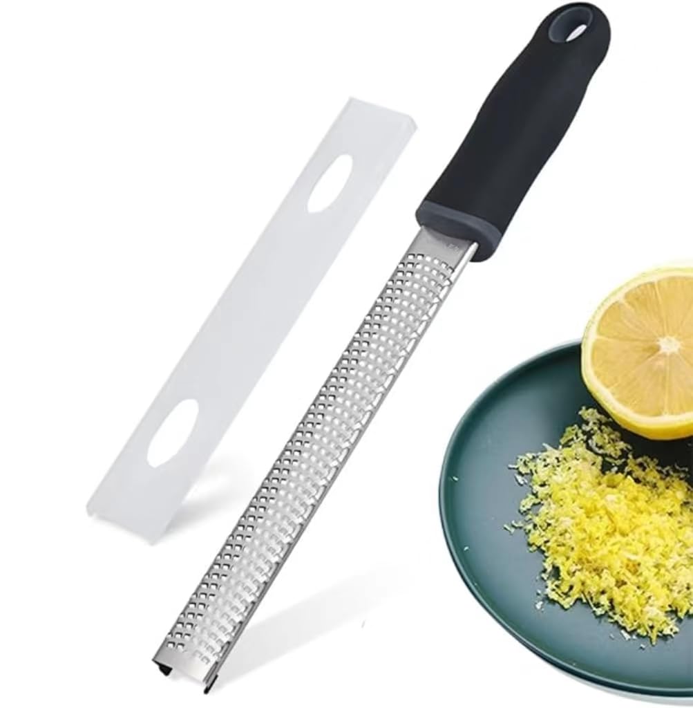 Rayyan Lemon Zester, Cheese Grater with Handle, Kitchen Shredder for Parmesan Cheese, Lemon, Chocolate, Fruits, Vegetables, Ginger, Garlic, Stainless Steel Blade with Protective Cover (Black)