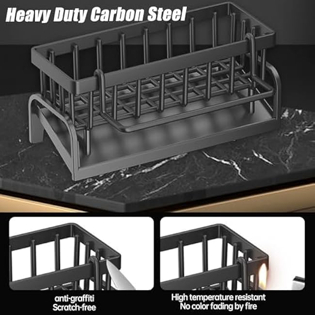 Sponge Holder for Kitchen Sink Sponge Holder,Sponge Caddy for Kitchen Sink Organizer with Auto Drain Tray (Carbon Steel)