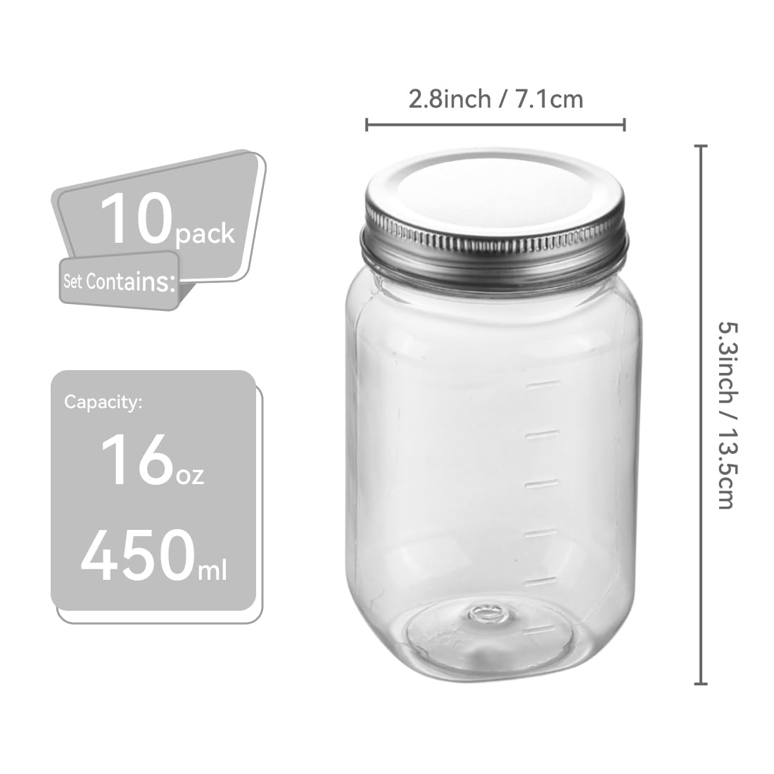 Naivees Clear Mason Jars 16 Ounce Plastic Storage Containers With Lids 10 Pack Plastic Jars,BPA Free?Sliver?