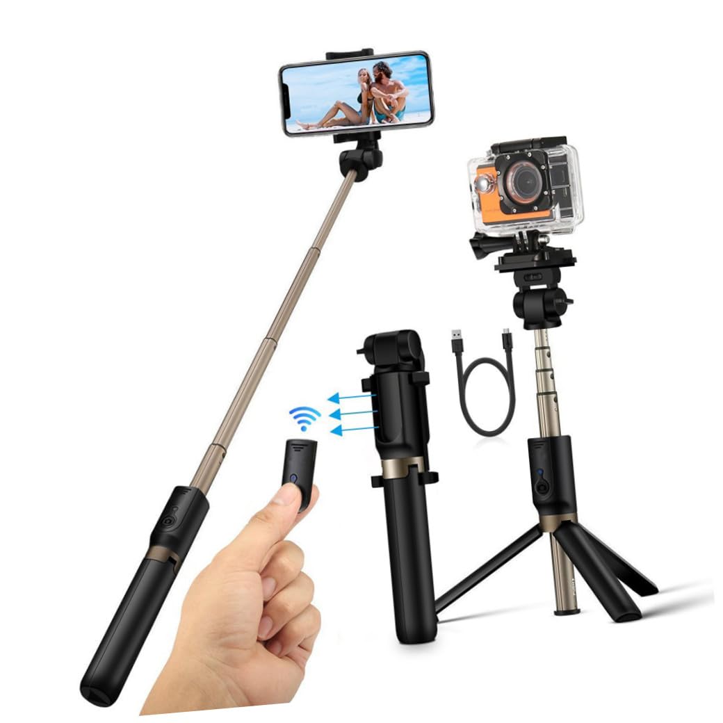 Bastone Selfie Treppiede Estensibile in Plastico per Phone | Design Pieghevole a Sezioni, Supporto con Morsetto Regolabile, Telecomando Rimovibile