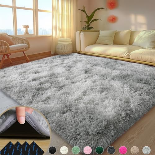 5x7 Rugs for Living Room, Large Fluffy Area Rugs for Bedroom, Soft Carpet Shag Kids Rug with 4 Non-Slip Rug Pads (Grey Tie-Dyed, 5ft x 7ft)