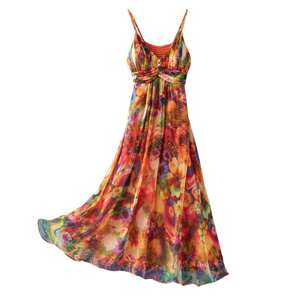 DISSA Damen Seidenkleid Blumen Schulterfreies Ohne Arm 100% Seide Kleid Luftiges Hoch Taillierte Träger Langes Mulberry Seidenkleid,D8836