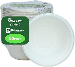 Premium 8oz (240ml) White Bowls [50-Pack] - 100% Compostable & Eco-Friendly Disposable Everyday use paper Bowls, Heavy Duty, PFAS-Free, Made of Sugarcane Bagasse