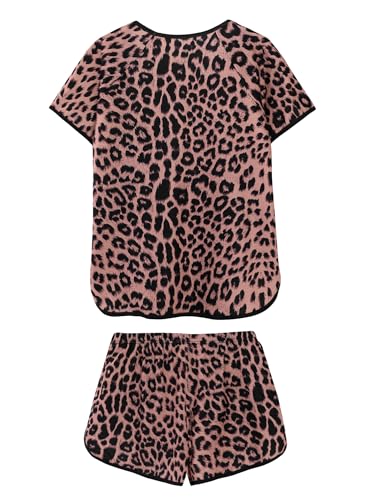 Image of Hilinker Women Leopard Pajama Set Short Sleeve Top with Shorts Sleepwear Cute Pjs 2 Piece Lounge Set Brown Leopard Medium