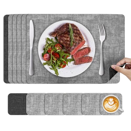 KitchenBoss Set de Table Lavable Plastique: Dessous de Table Rectangulaire Lot de 6, Tapis de Table Style Simili Cuir, Antidérapant Table Mat