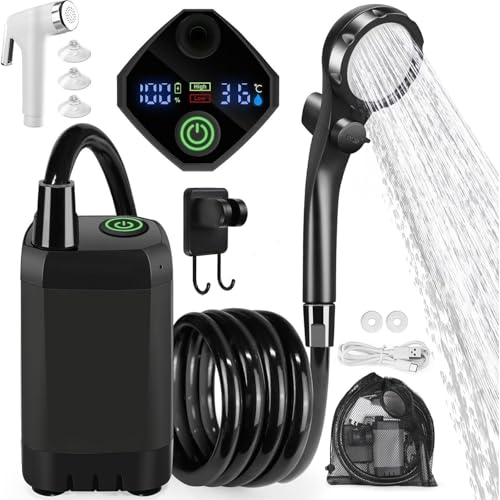 Kit de ducha portátil para exteriores con batería recargable de 6000mAh y pantalla LED de temperatura – Ducha portátil para camping con modos de flujo dual, ideal para camping, viajes, playa y baño de mascotas miniatura 1