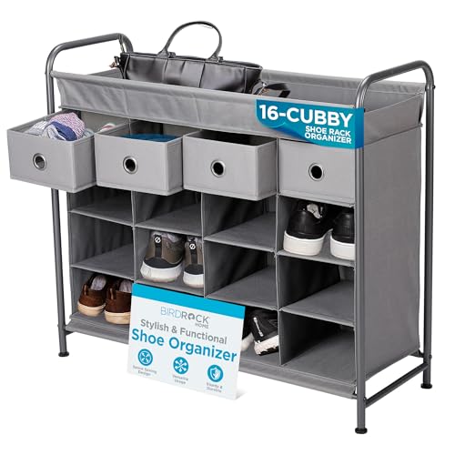 BIRDROCK HOME 16-Cubby Shoe Rack Organizer with 4 Drawers - Standing Metal Frame Cabinet - Space Saver Shoerack for Bedroom, Closet, Entryway Organization, and Small Spaces Storage - Grey