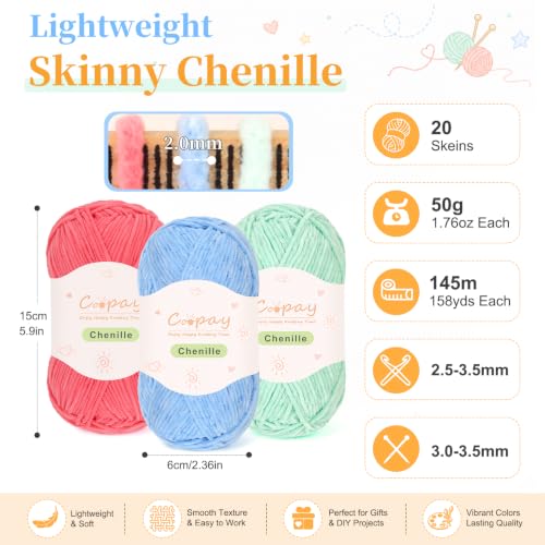 Image of Coopay 20 Colors Skinny Chenille Yarn for Crochet & Creative Craft Projects | Sport Weight Yarn Set (#2) - 1.76oz /156yds Each, Soft Crochet Yarn for Dolls, Blankets, Decorative Handmade Works