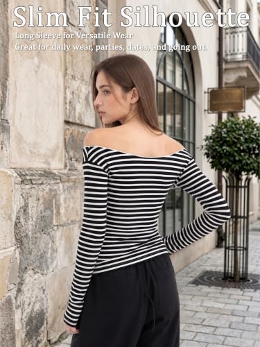 Image of Women Off Shoulder Striped Long Sleeve Top 2026 Fall Going Out Tee Shirts