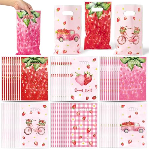 Bolsas de regalo de fiesta de fresa – 150 bolsas de regalo de dulces de acuarela roja y rosa, decoraciones de fiesta temática de bayas de verano para niños, niñas, cumpleaños, baby shower, suministros
