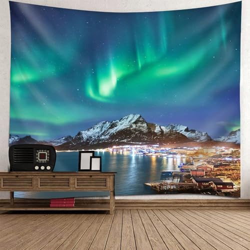 Tapisserie murale paysage lac et village grand format 200x200 pour chambre adulte