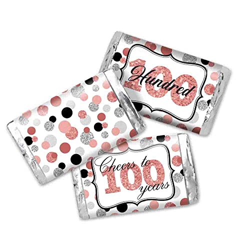Confetti Rose Gold Polka Dot Theme 100th Birthday Mini Chocolate Candy Bar Sticker Wrappers, 45 Count 1.4 x 2.6 Inch Wrap Labels, Elegant Milestone Party Favors, Made in USA by Amanda Creation