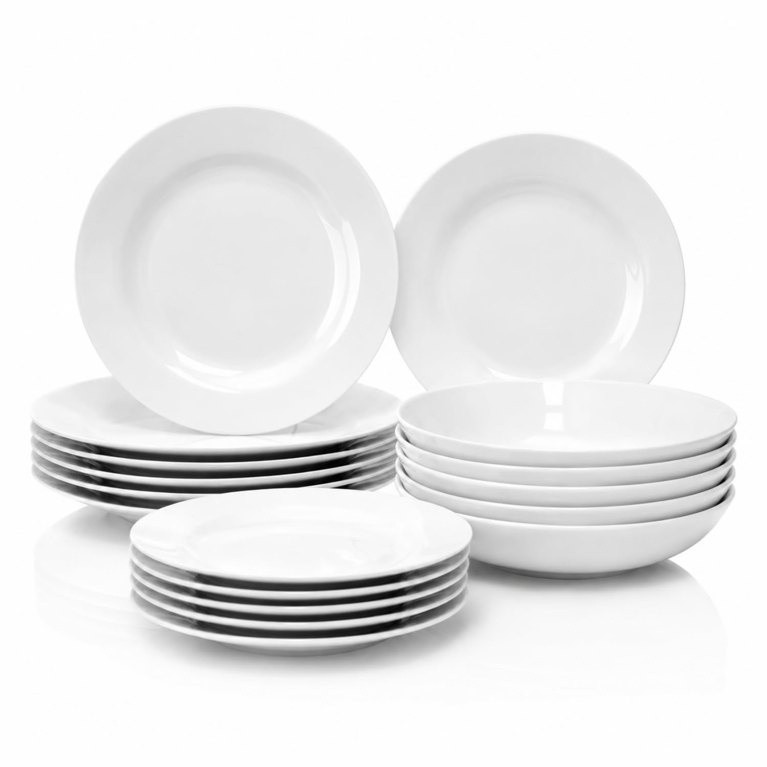 Virsus Servizio di Piatti ROTONDI per 6 Persone 7076, 18 Piatti in Porcellana color Bianco, Set composto da Piatto Fondo Diam.20,5cm, Piatto Piano Diam.24cm e Piattino Dessert Diam.19cm