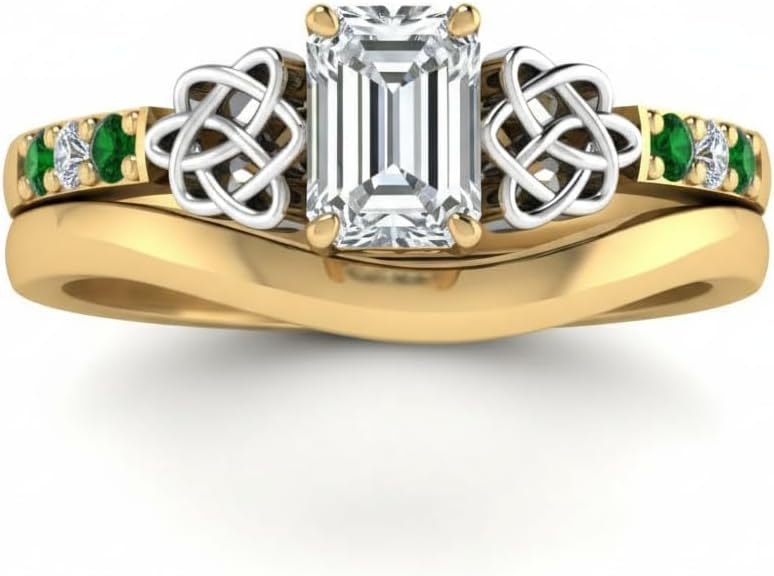 Choose Your Gemstone Celtic Knot Ring with Plain Band Set Yellow Gold Plated Emerald Shape Wedding Ring Sets Matching Jewelry Wedding Jewelry Easy to Wear Gifts US Size 4 to 12