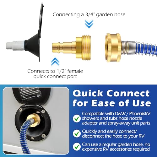 Image of RV Exterior Shower Hose, 15FT Coil Water Hose with 1 /2 inch Quick Connect Adapter, Recoils to 9 inch - Weather Resistant Recoil Garden Camper Tube for RV Outdoor Shower, Garden Use, 3 /4 inch Fitting