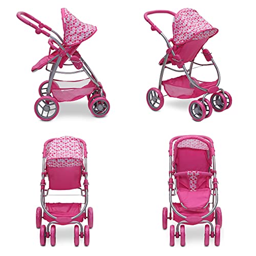 Moni Puppenbuggy, Puppenwagen rosa, pink Sweet Hard 9662, Winterkorb, Tasche, einstellbare Höhe – Bild 8